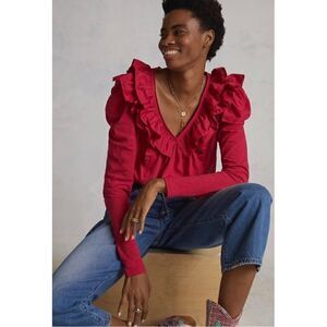 NEW Anthropologie Pink Ruffled Long Sleeve V-Neck Puff-Sleeve Blouse Top X-Small